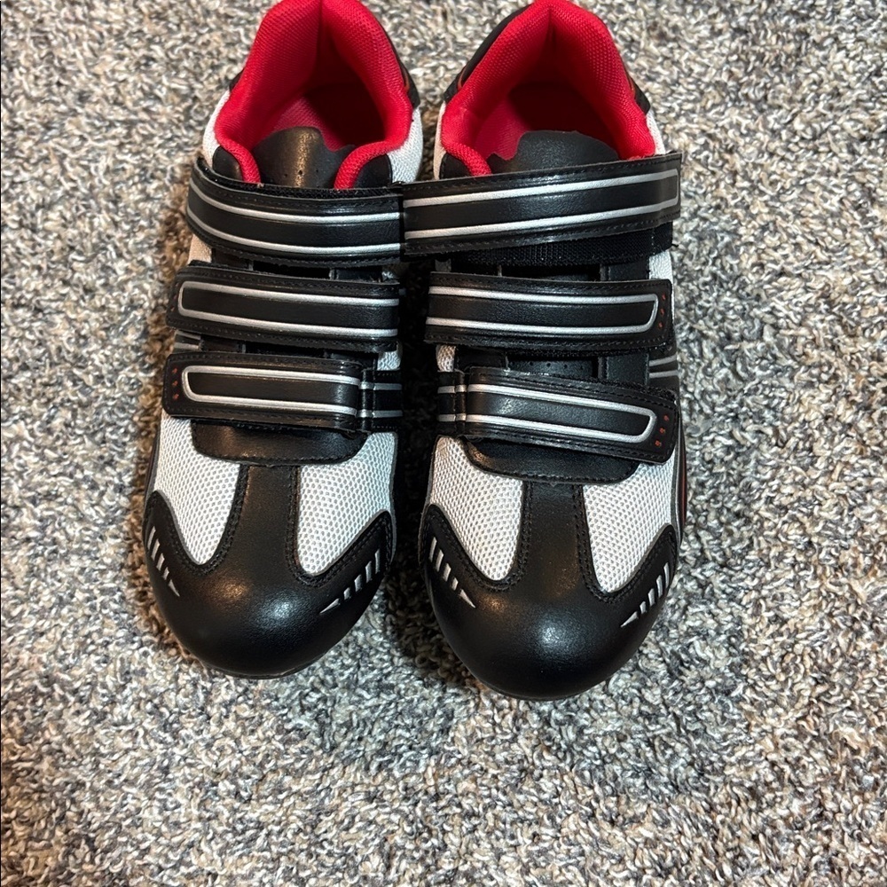Black and White Cycling Shoes with Red Interior